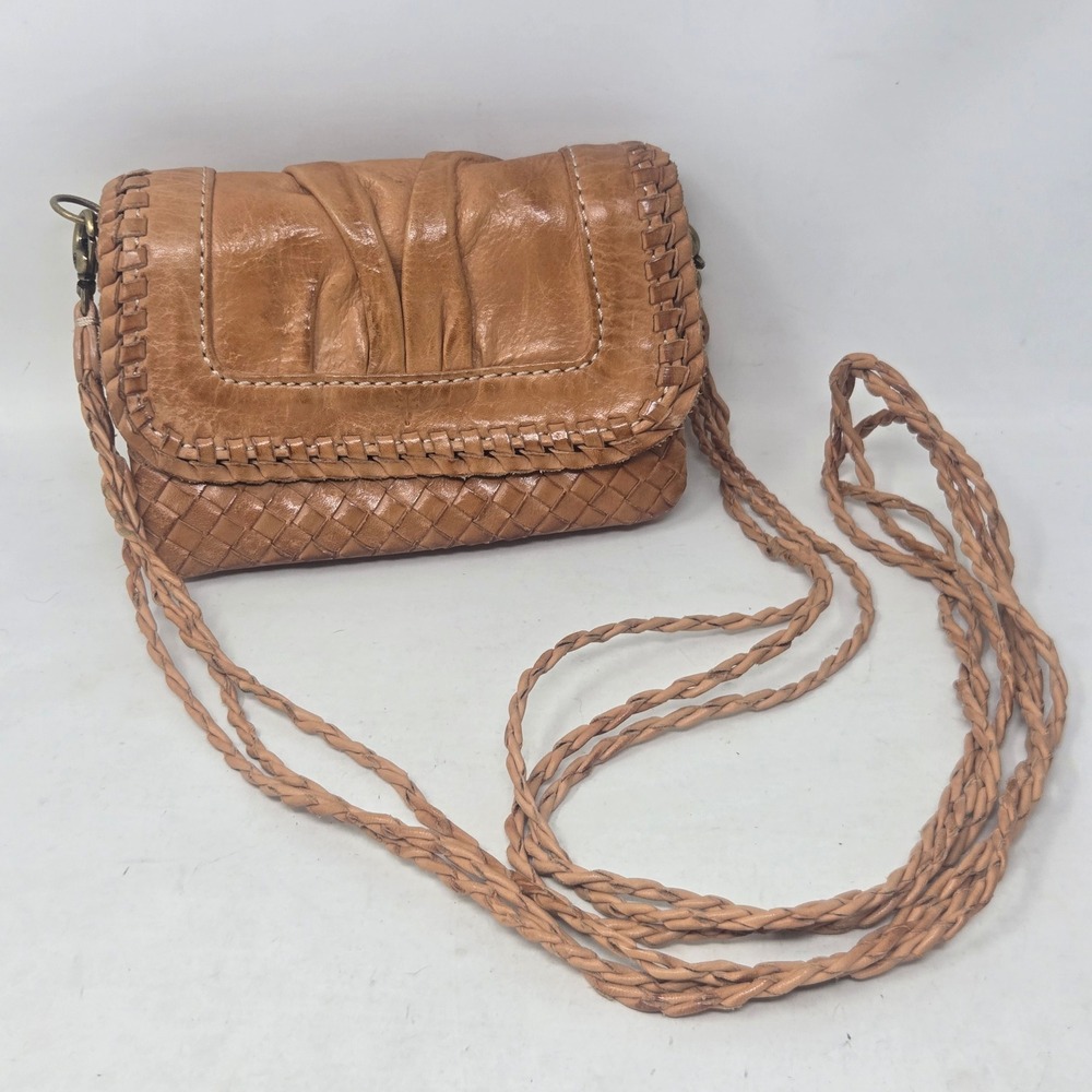 Frye Melissa Woven Leather Crossbody Bag Tan Whipstitch Wallet Woven Strap